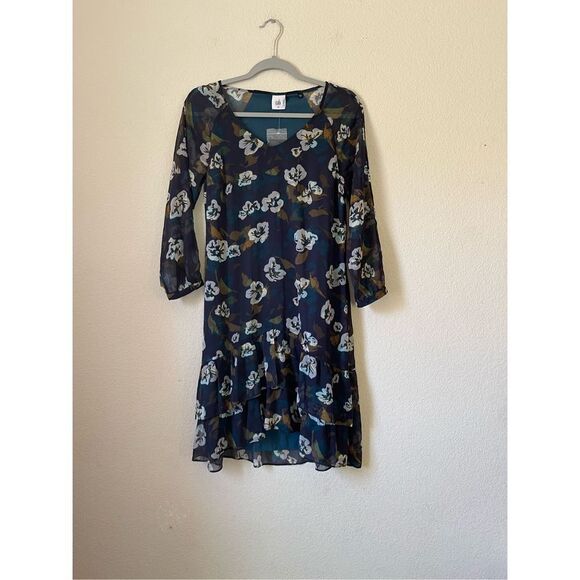 NWT CAbi Pirouette Dress #3460 Floral Chiffon Ruffled Hem Green Teal Size xs - Picture 2 of 8